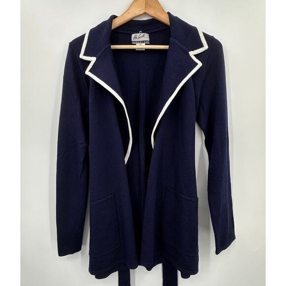 The Look Randolph Duke Belted Sweater Cardigan Jacket Womens XS Navy Blue White - Picture 2 of 6